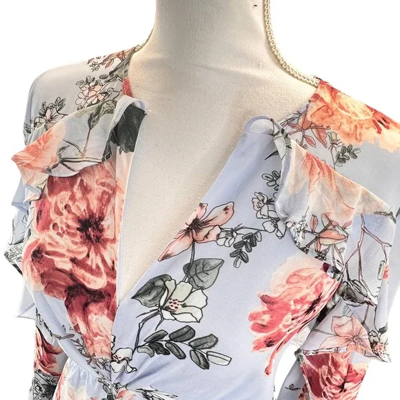 Bardot Revolve Mini Dress Blue Size 6 Floral Frill Bell Sleeves Ruffles Cut Out - Picture 7 of 12